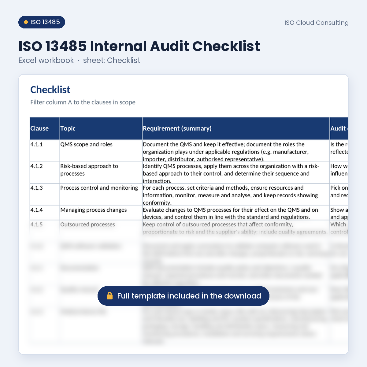 Preview of the ISO 13485 Internal Audit Checklist Excel workbook, Checklist sheet, from the Internal Audit Kit (lower part blurred)