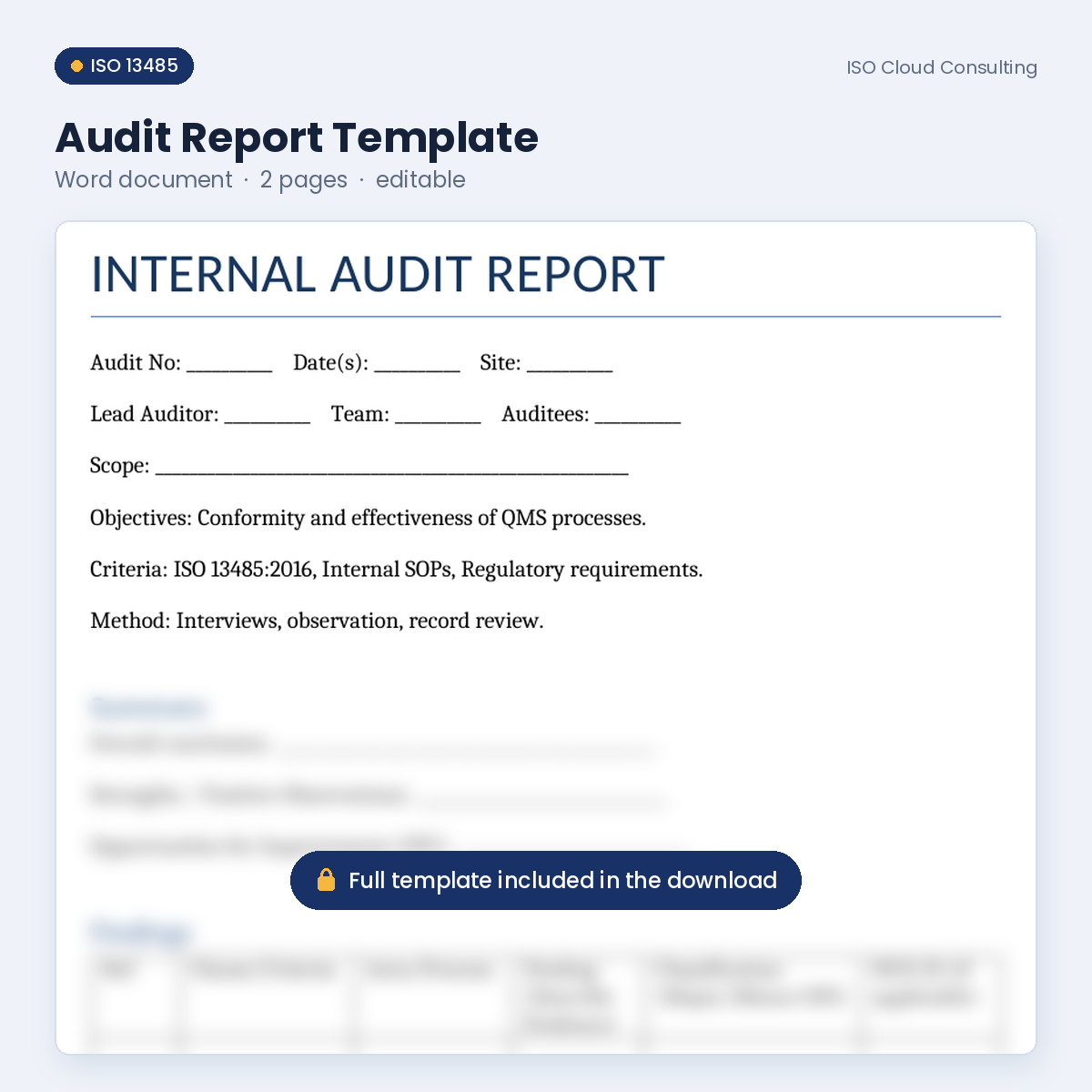 Preview of page 1 of the Audit Report Template Word template in the Internal Audit Kit (lower part blurred)