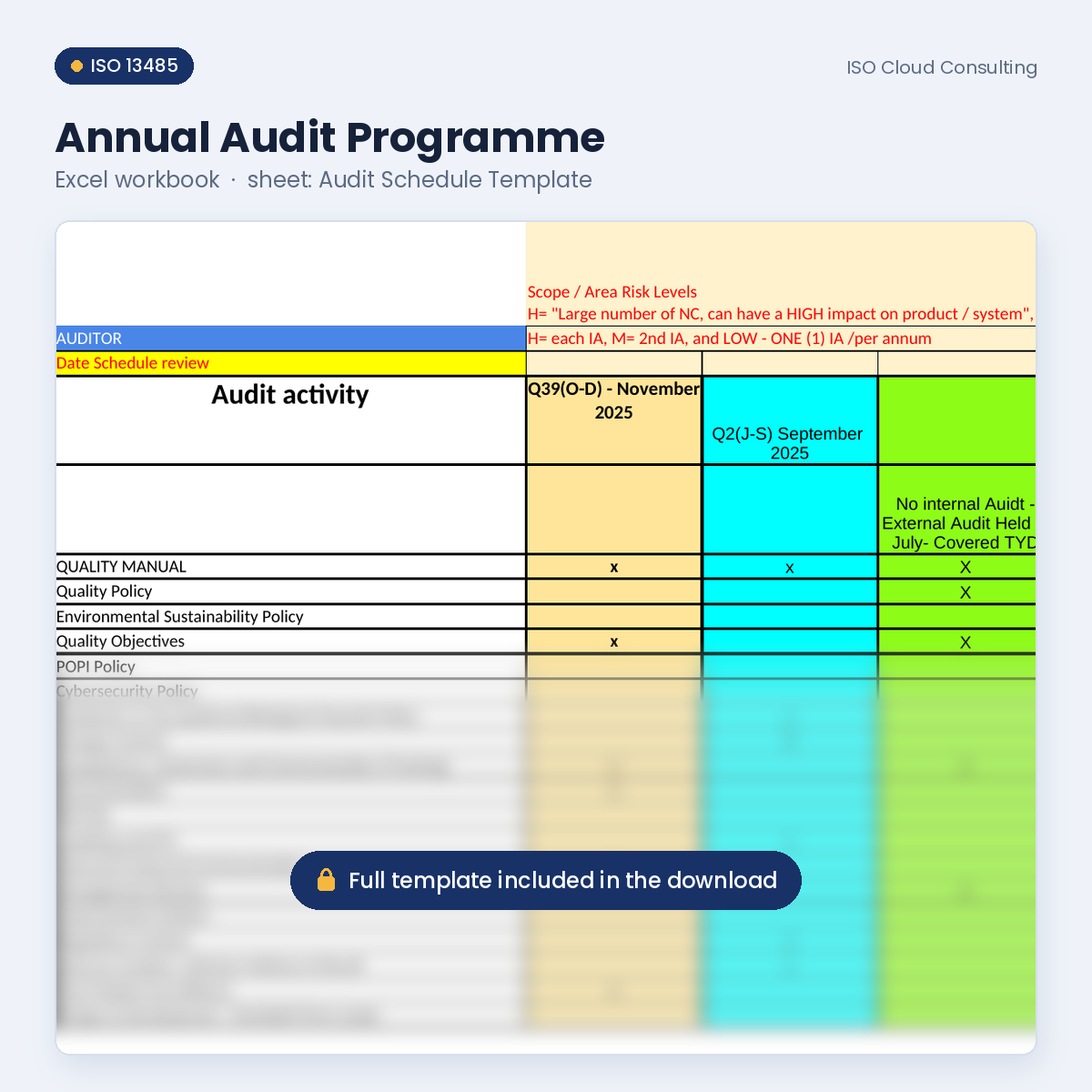 Preview of the Annual Audit Programme Excel workbook, Audit Schedule Template sheet, from the Internal Audit Kit (lower part blurred)