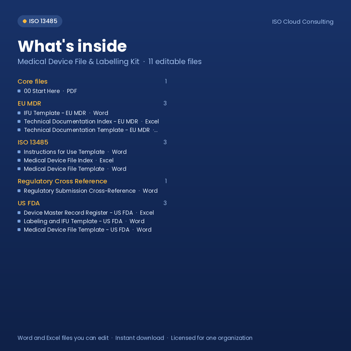 What's inside the Medical Device File & Labelling Kit: list of the 11 editable files