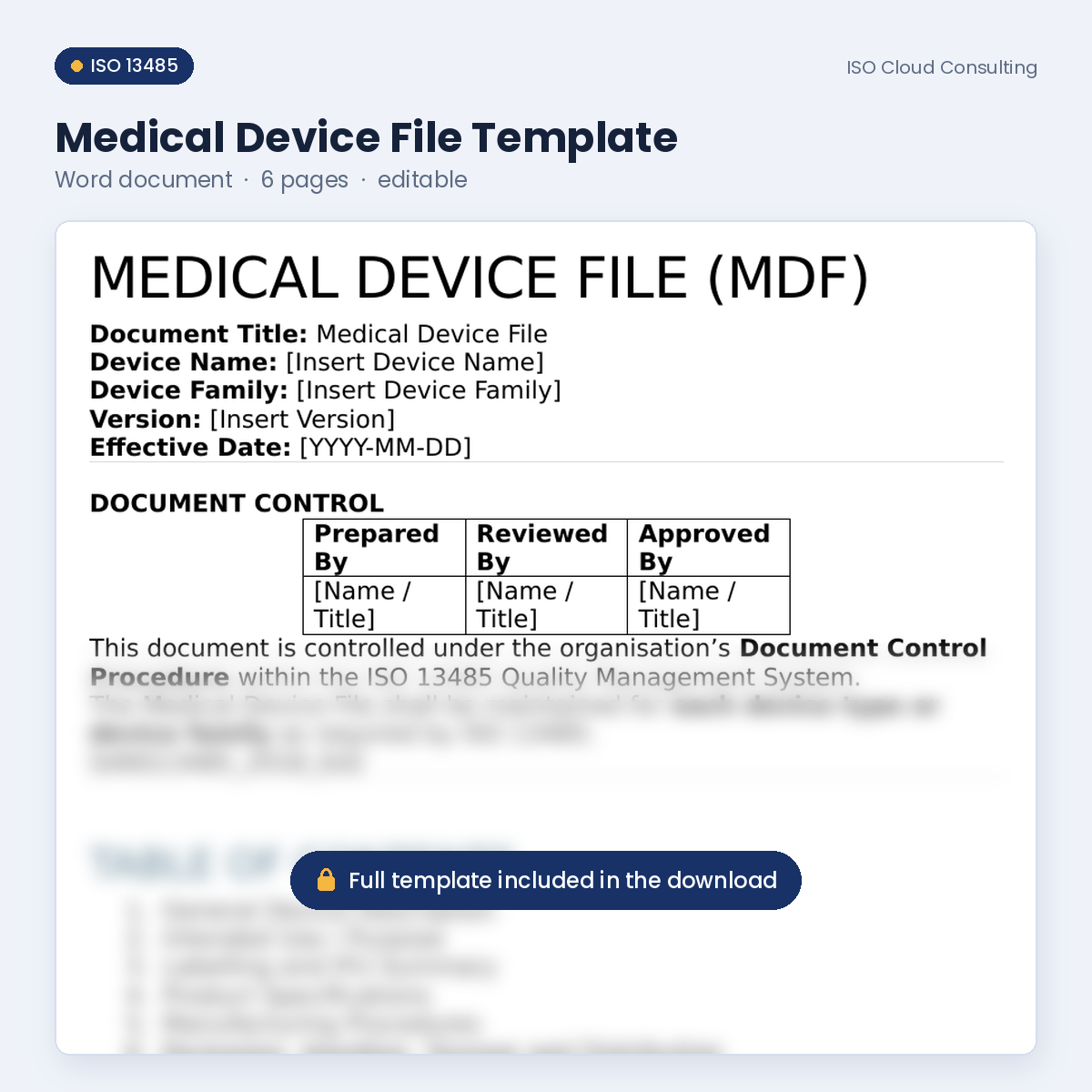 Preview of page 1 of the Medical Device File Template Word template in the Medical Device File & Labelling Kit (lower part blurred)