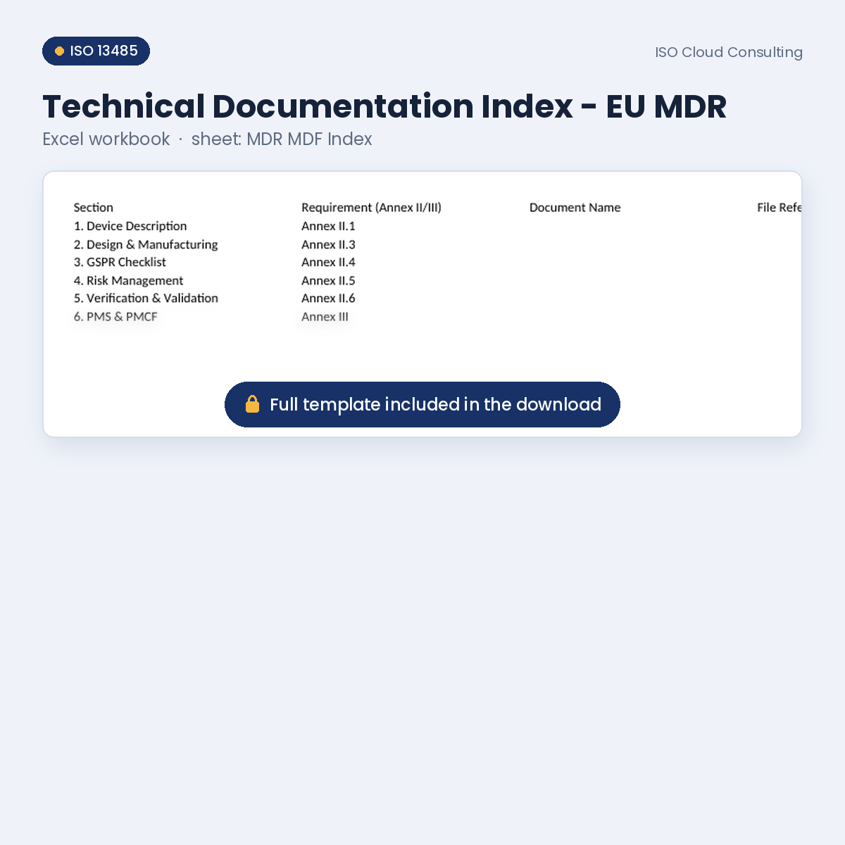 Preview of the Technical Documentation Index - EU MDR Excel workbook, MDR MDF Index sheet, from the Medical Device File & Labelling Kit (lower part blurred)