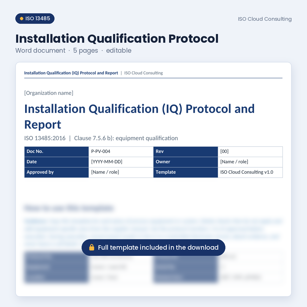 Preview of page 1 of the Installation Qualification Protocol Word template in the Process Validation IQ/OQ/PQ Pack (lower part blurred)