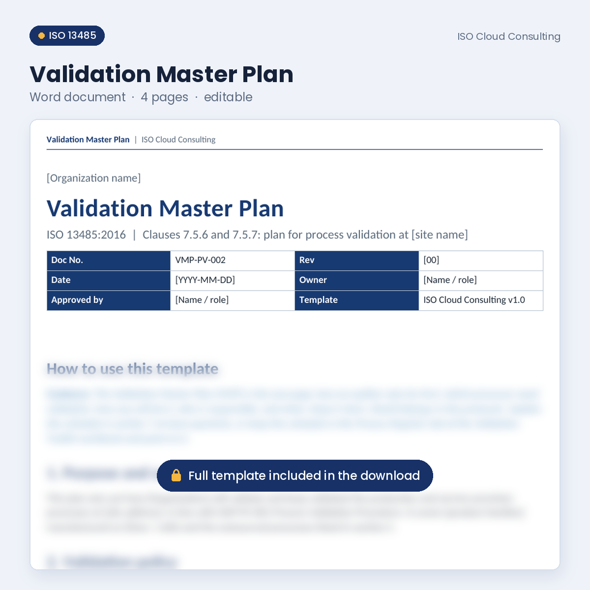 Preview of page 1 of the Validation Master Plan Word template in the Process Validation IQ/OQ/PQ Pack (lower part blurred)