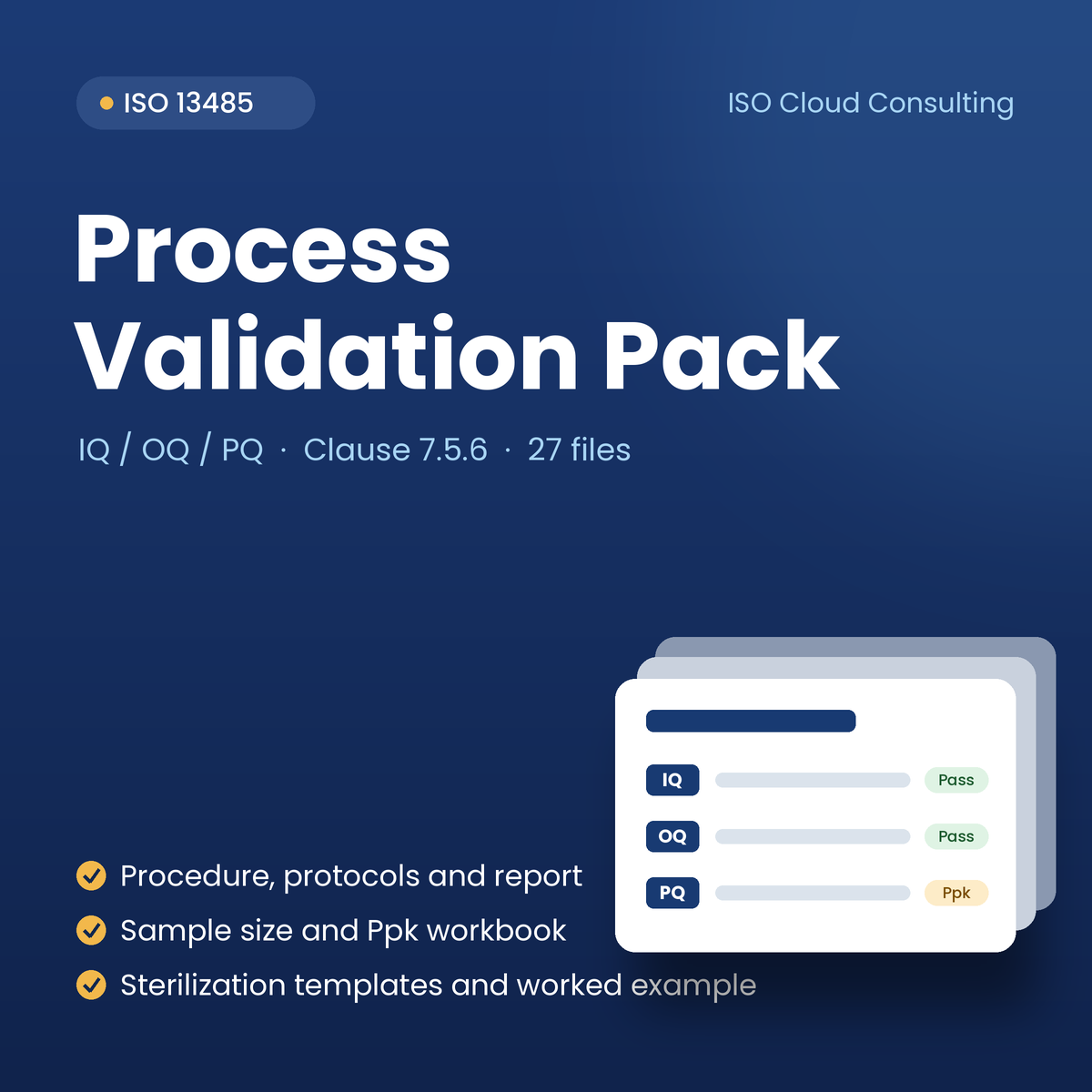 Process Validation IQ/OQ/PQ Pack for ISO 13485 clause 7.5.6: procedure, protocols and report, sample size and Ppk workbook, sterilization templates and worked example