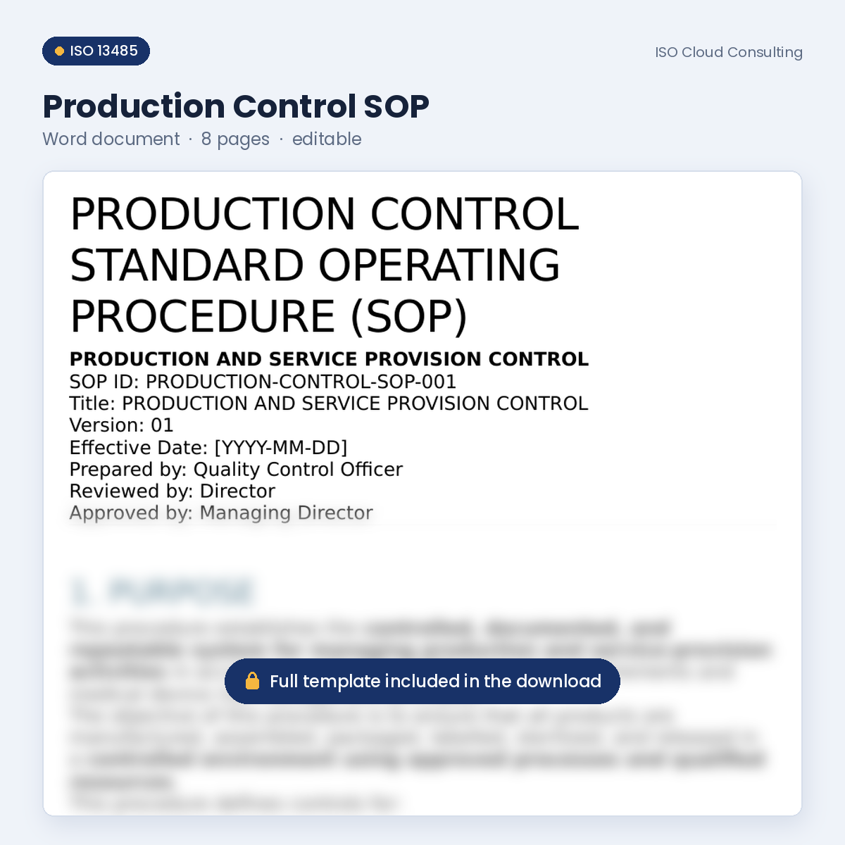 Preview of page 1 of the Production Control SOP Word template in the Production & Traceability Kit (lower part blurred)