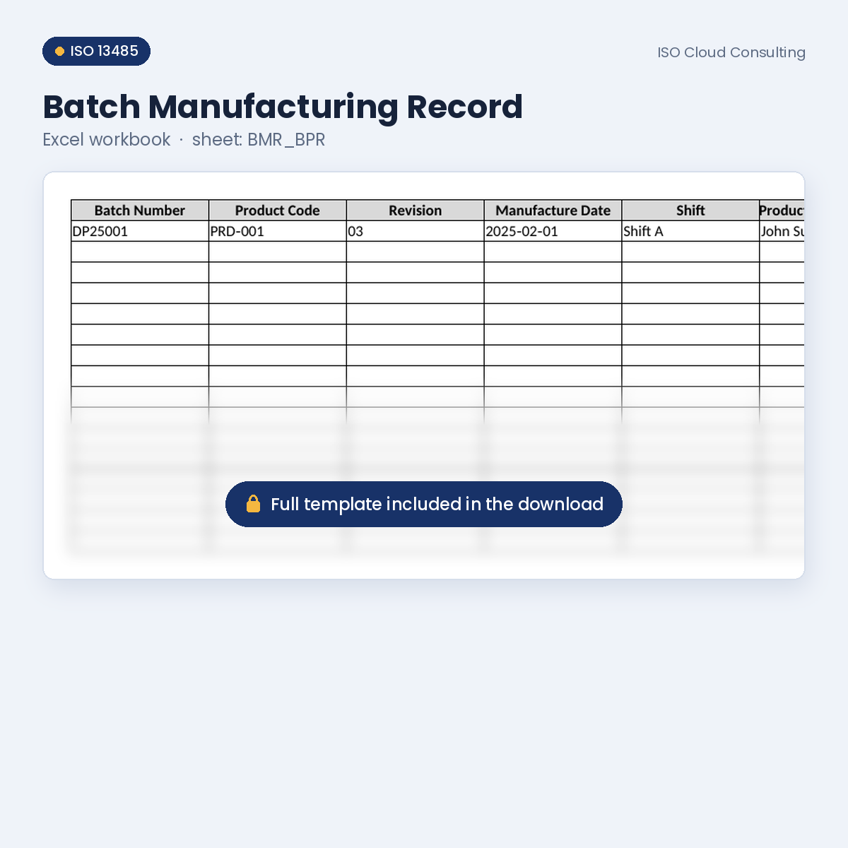Preview of the Batch Manufacturing Record Excel workbook, BMR_BPR sheet, from the Production & Traceability Kit (lower part blurred)