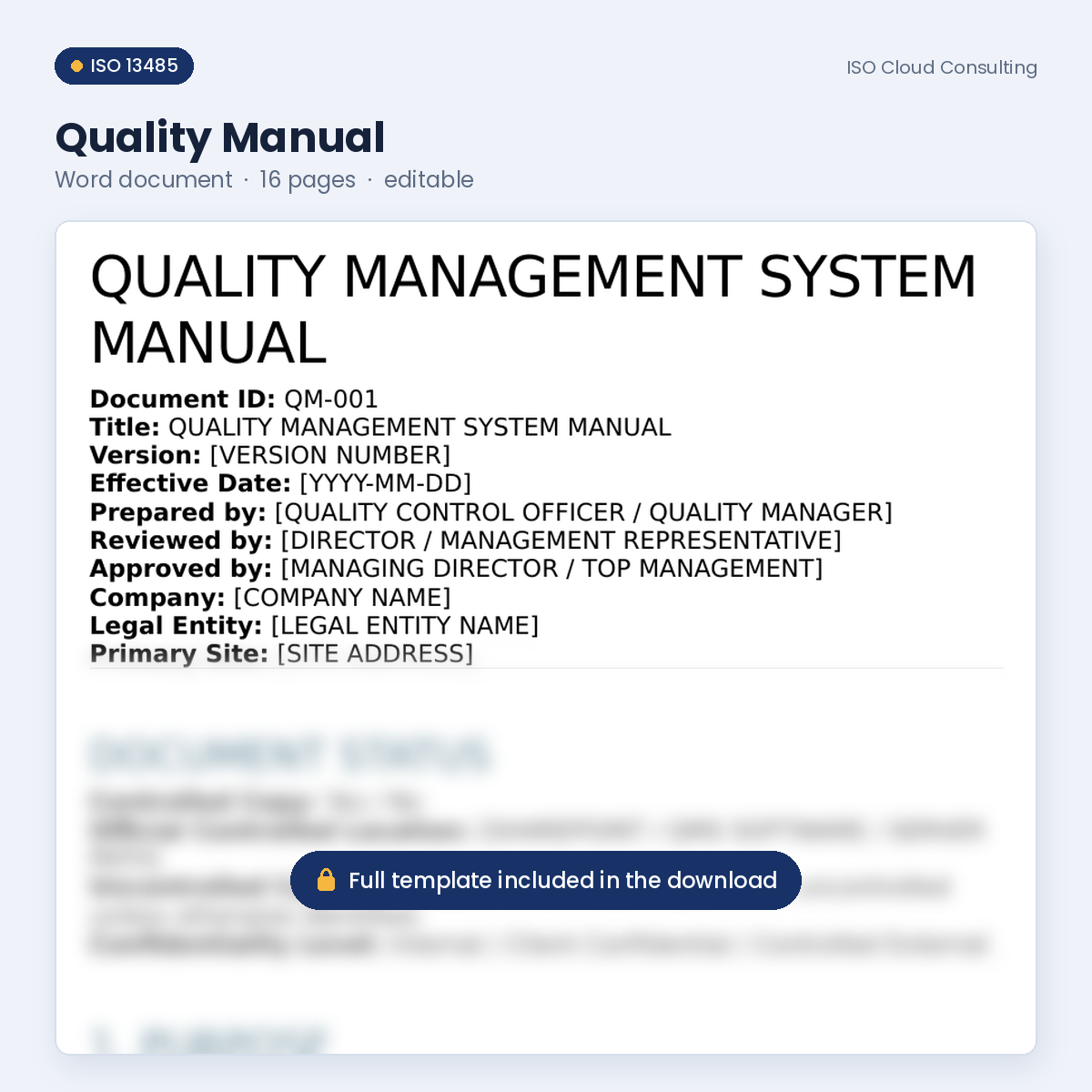 Preview of page 1 of the Quality Manual Word template in the Quality Manual & Management System Kit (lower part blurred)