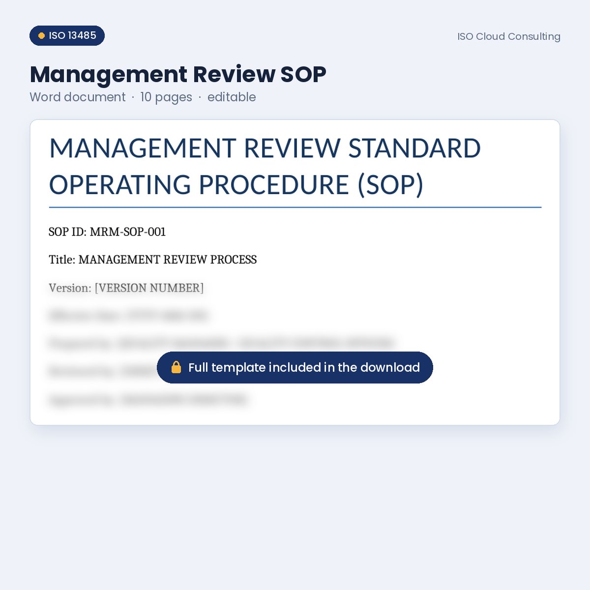 Preview of page 1 of the Management Review SOP Word template in the Quality Manual & Management System Kit (lower part blurred)