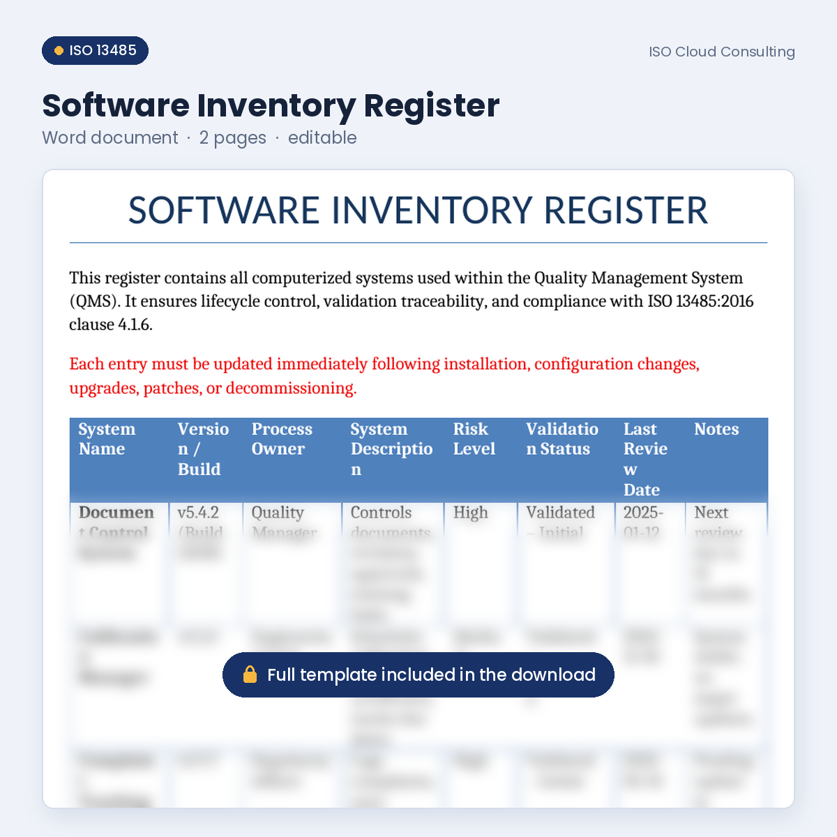Preview of page 1 of the Software Inventory Register Word template in the Software Validation Kit (lower part blurred)