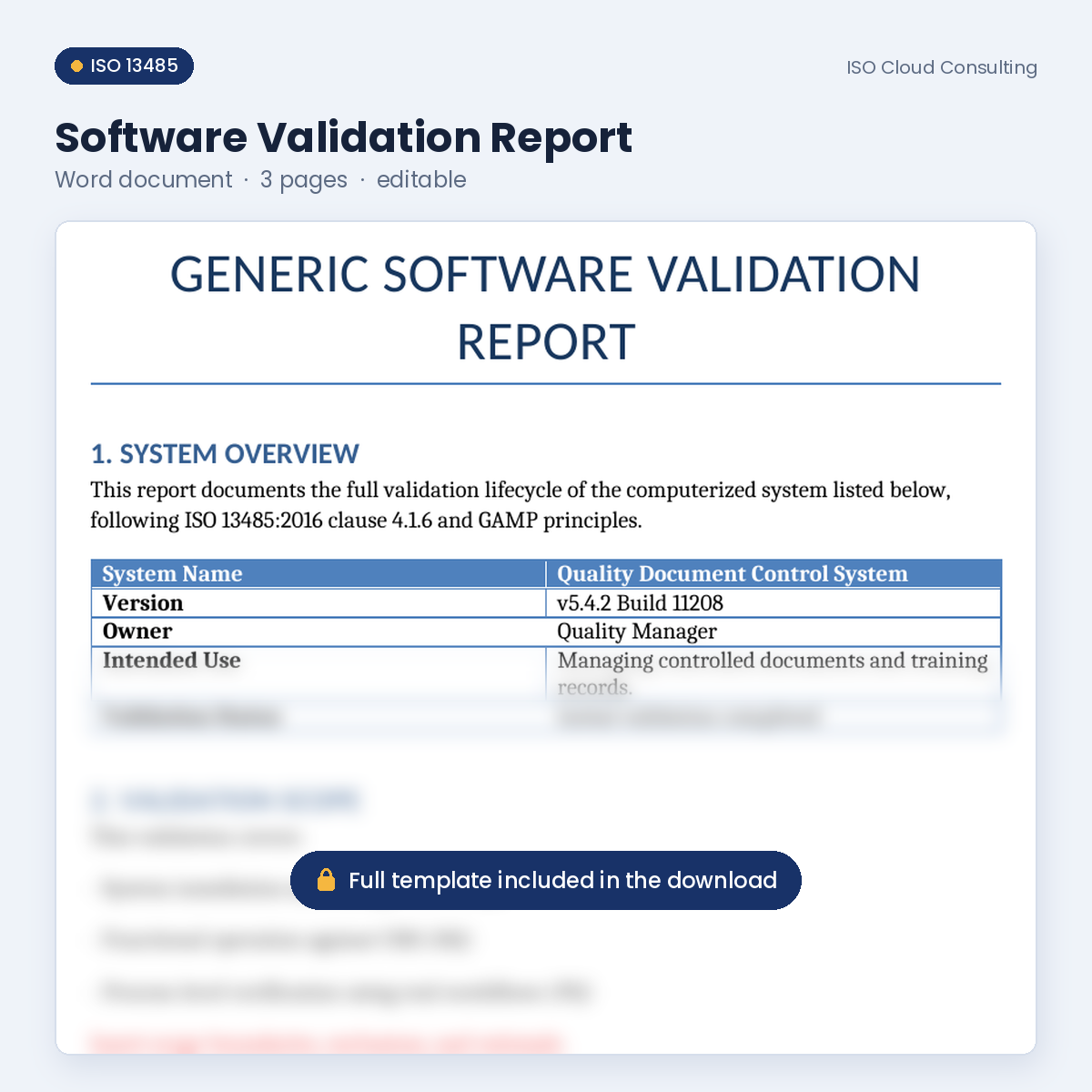 Preview of page 1 of the Software Validation Report Word template in the Software Validation Kit (lower part blurred)
