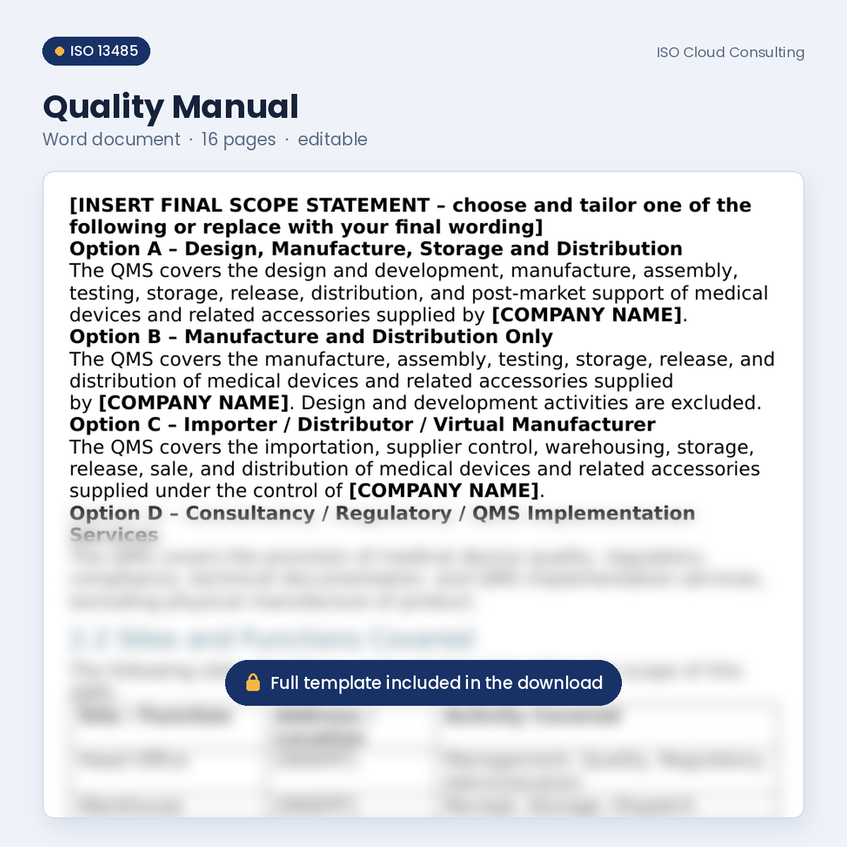 Preview of page 2 of the Quality Manual Word template in the ISO 13485 Starter Kit (lower part blurred)