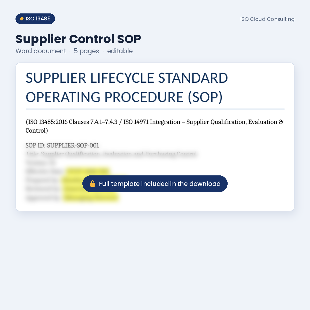 Preview of page 1 of the Supplier Control SOP Word template in the Supplier Control Kit (lower part blurred)