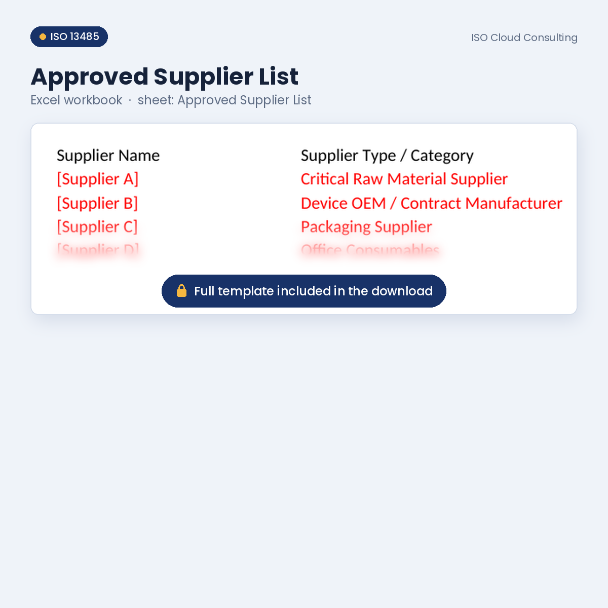 Preview of the Approved Supplier List Excel workbook, Approved Supplier List sheet, from the Supplier Control Kit (lower part blurred)