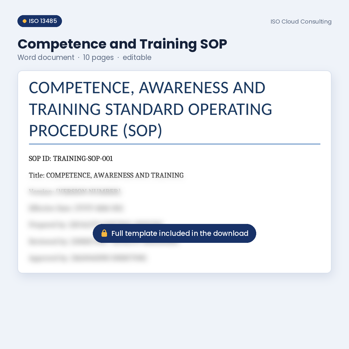 Preview of page 1 of the Competence and Training SOP Word template in the Training & Competence Kit (lower part blurred)