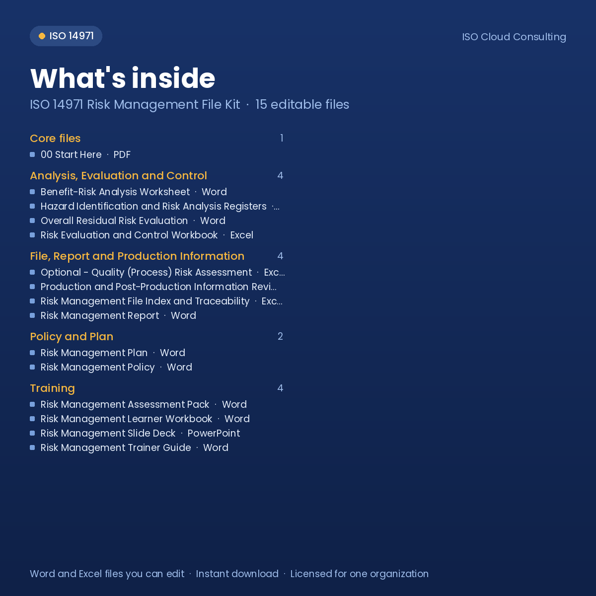 What's inside the ISO 14971 Risk Management File Kit: list of the 15 editable files