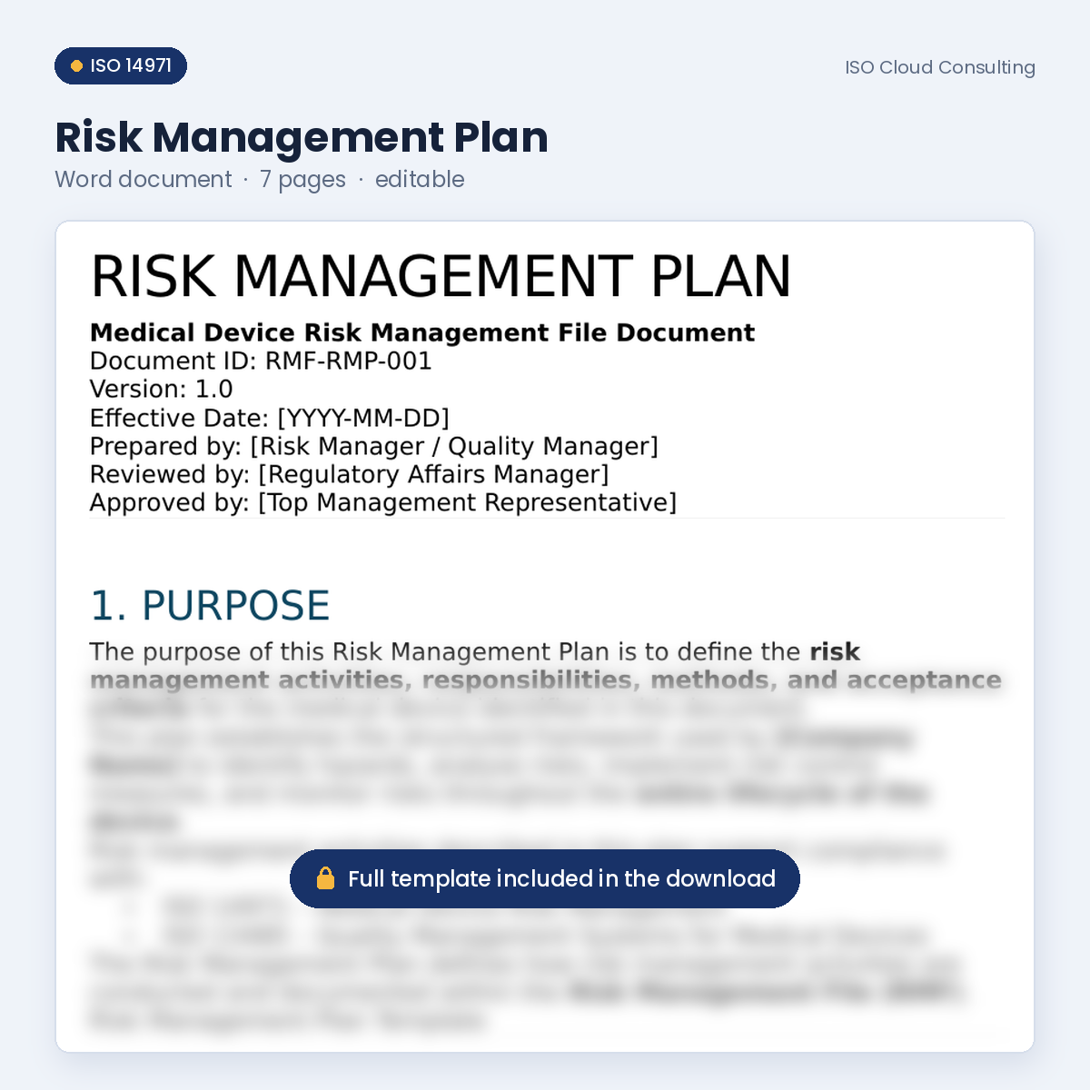 Preview of page 1 of the Risk Management Plan Word template in the ISO 14971 Risk Management File Kit (lower part blurred)