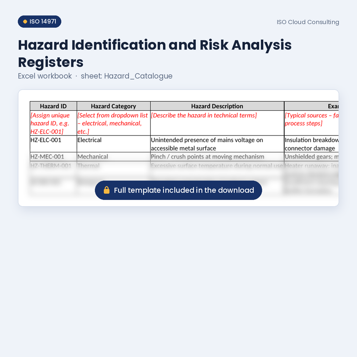 Preview of the Hazard Identification and Risk Analysis Registers Excel workbook, Hazard_Catalogue sheet, from the ISO 14971 Risk Management File Kit (lower part blurred)