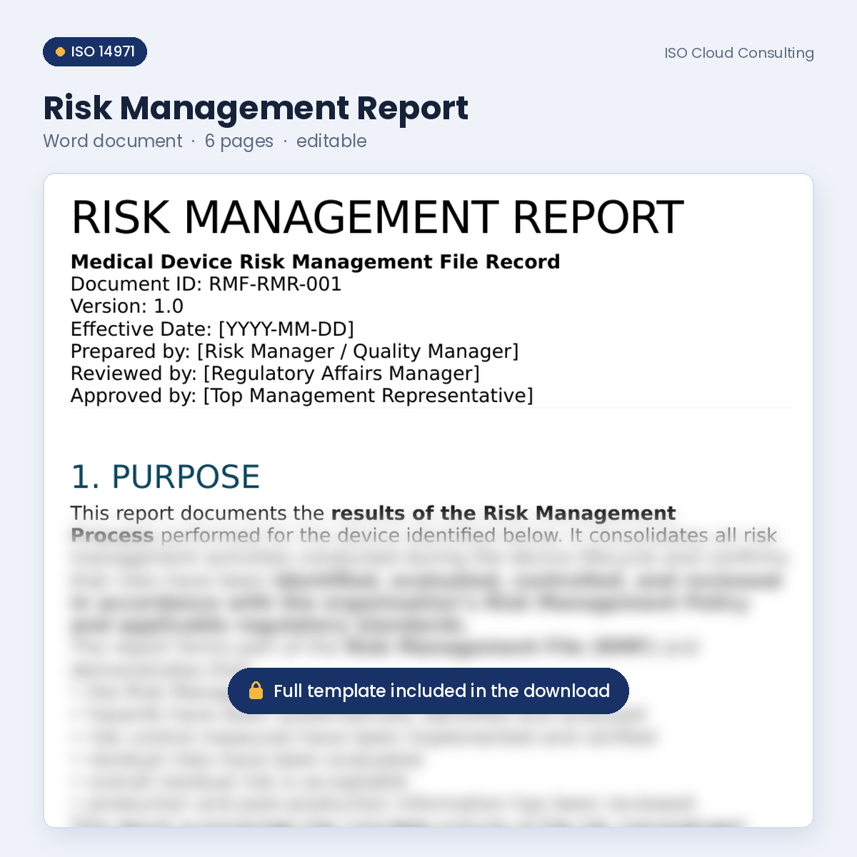 Preview of page 1 of the Risk Management Report Word template in the ISO 14971 Risk Management File Kit (lower part blurred)