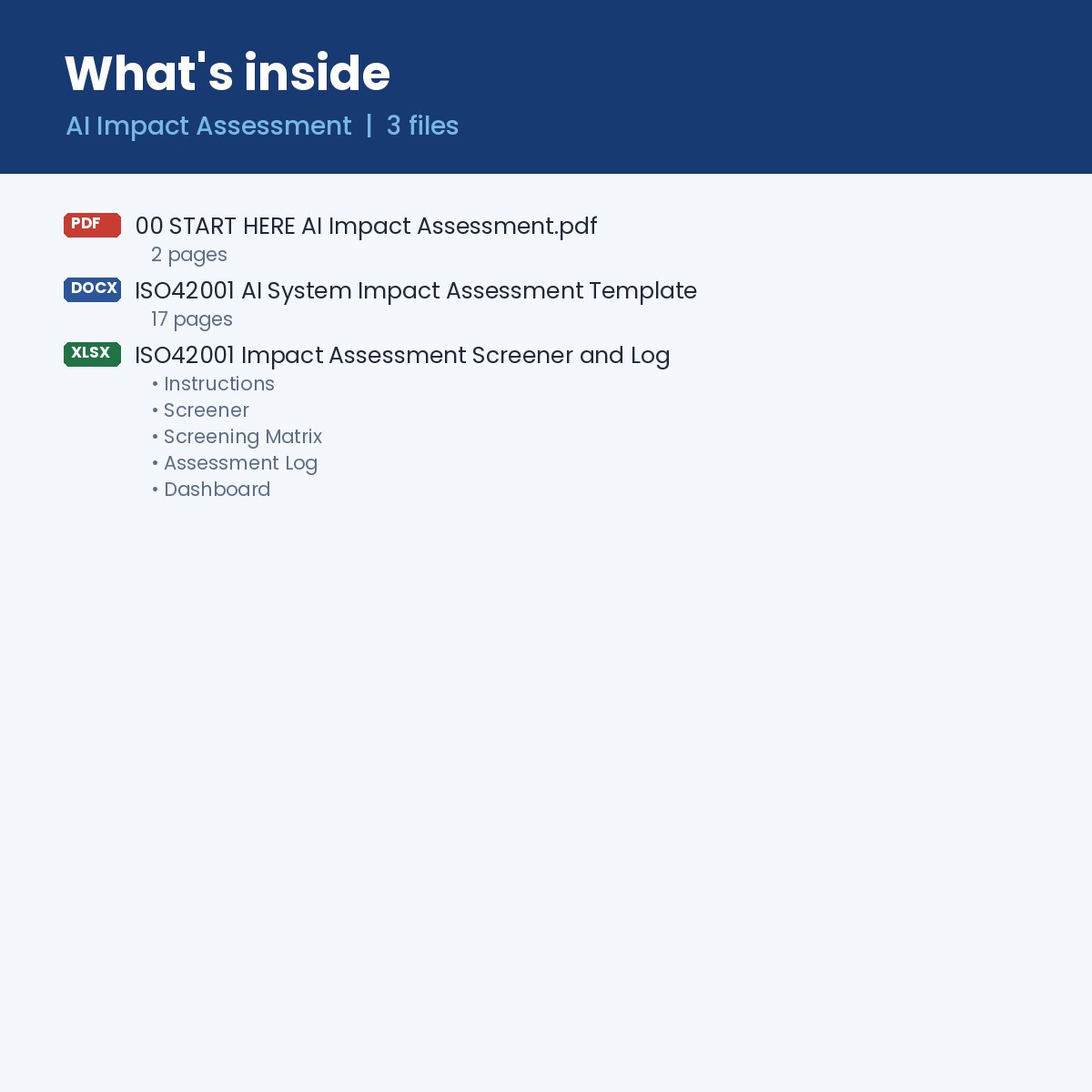 What's inside: impact assessment Word template, screener and log Excel workbook and Start Here guide
