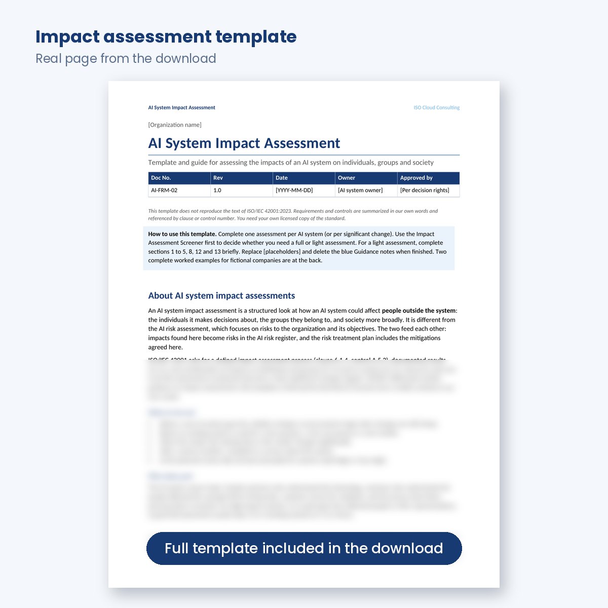 First page of the 15-section AI system impact assessment template
