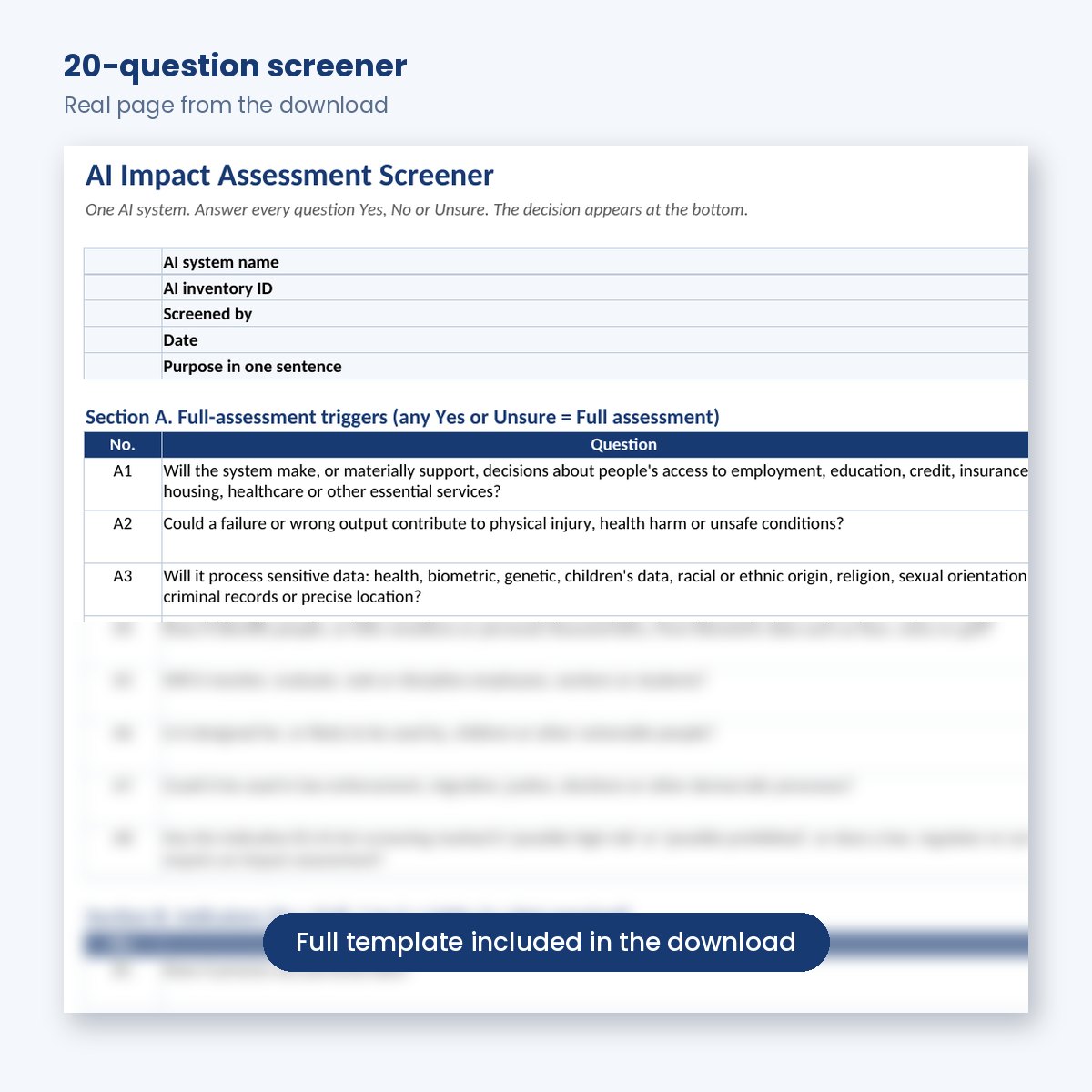 20-question AI impact assessment screener in Excel