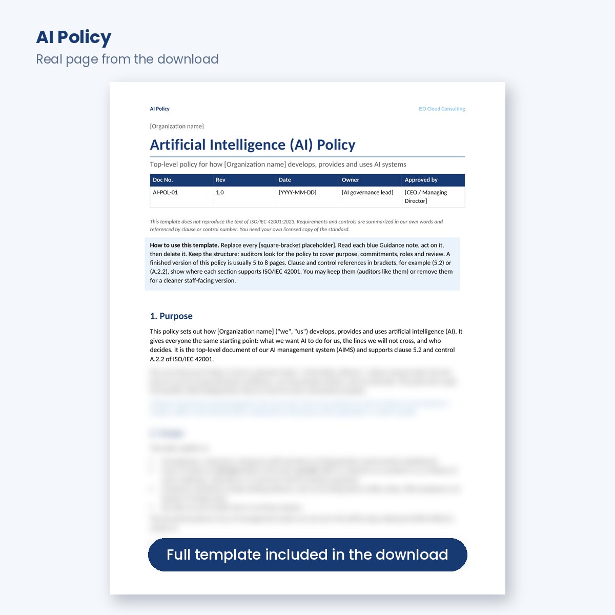 First page of the ISO 42001 AI Policy Word template
