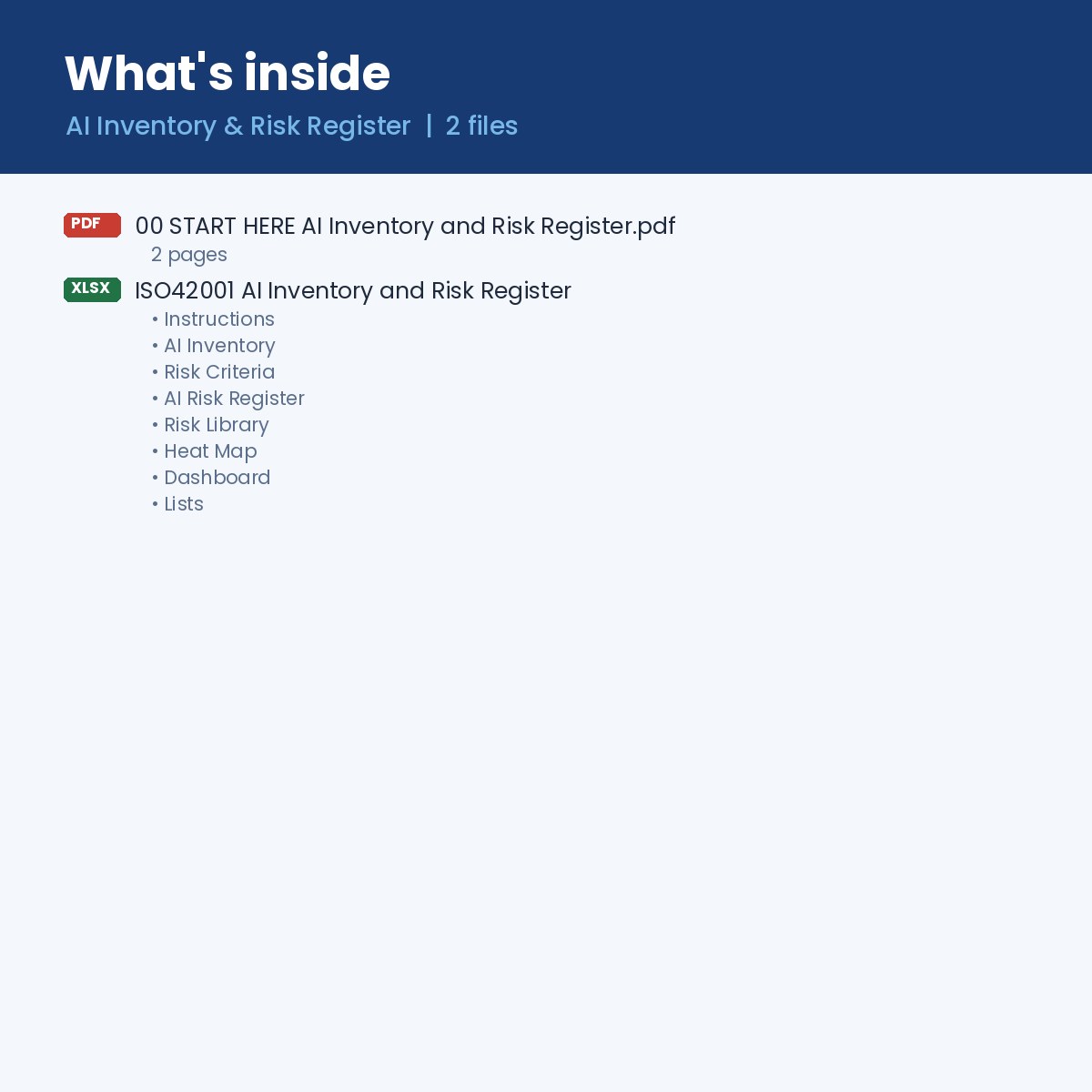 What's inside: one Excel workbook with inventory, risk criteria, risk register, risk library, heat map and dashboard
