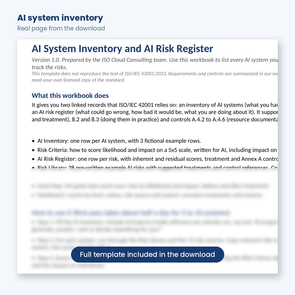 AI system inventory sheet with fictional example rows