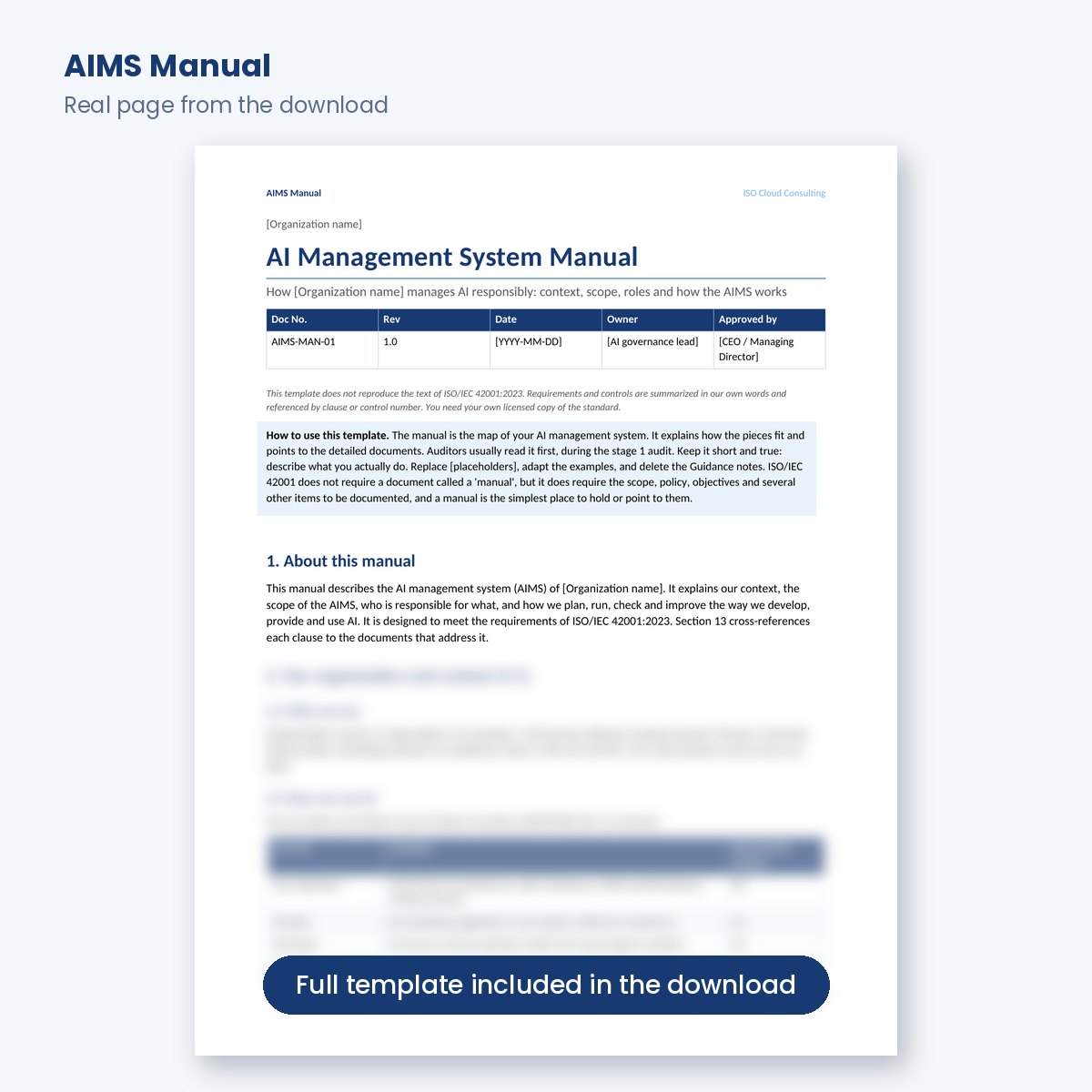 First page of the ISO 42001 AIMS Manual template
