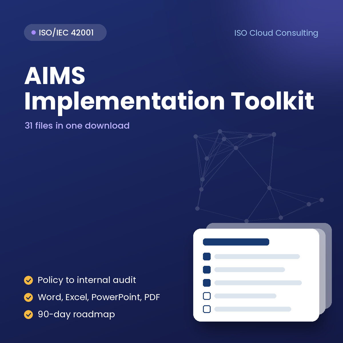 ISO 42001 AIMS Implementation Toolkit cover: 30 templates for an AI management system