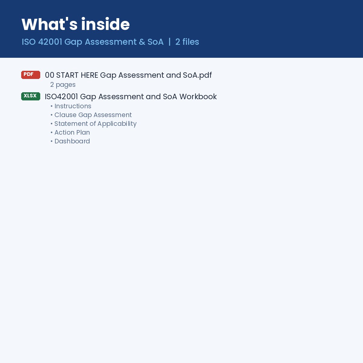 What's inside: Start Here guide and workbook with gap assessment, Statement of Applicability, action plan and dashboard