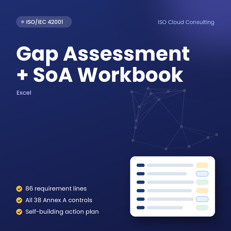 ISO 42001 Gap Assessment and Statement of Applicability Excel workbook cover