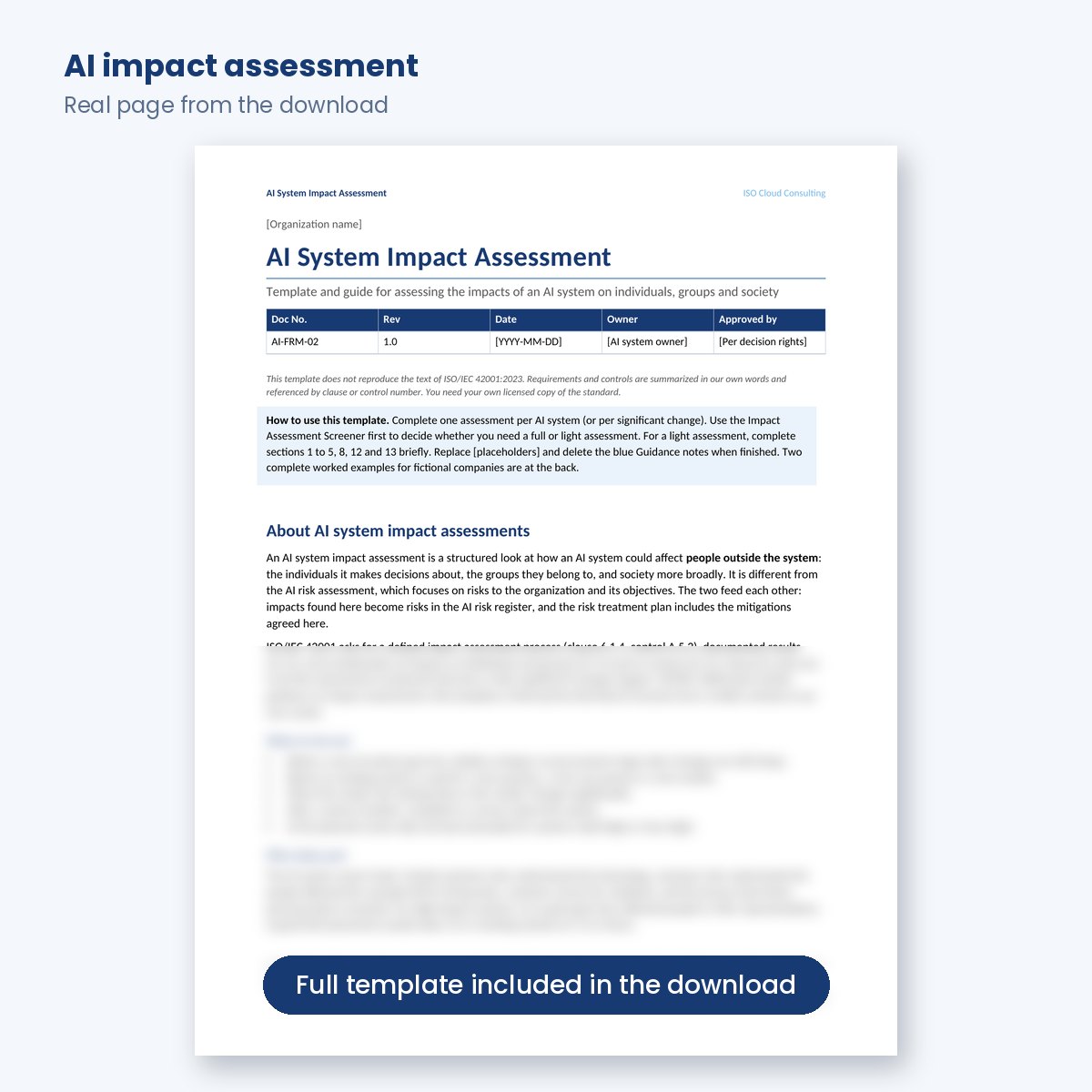 First page of the AI system impact assessment template