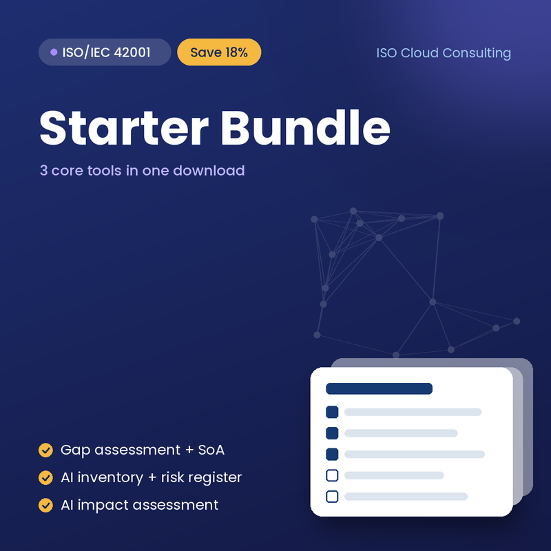ISO 42001 Starter Bundle cover: gap assessment and SoA, AI risk register and impact assessment