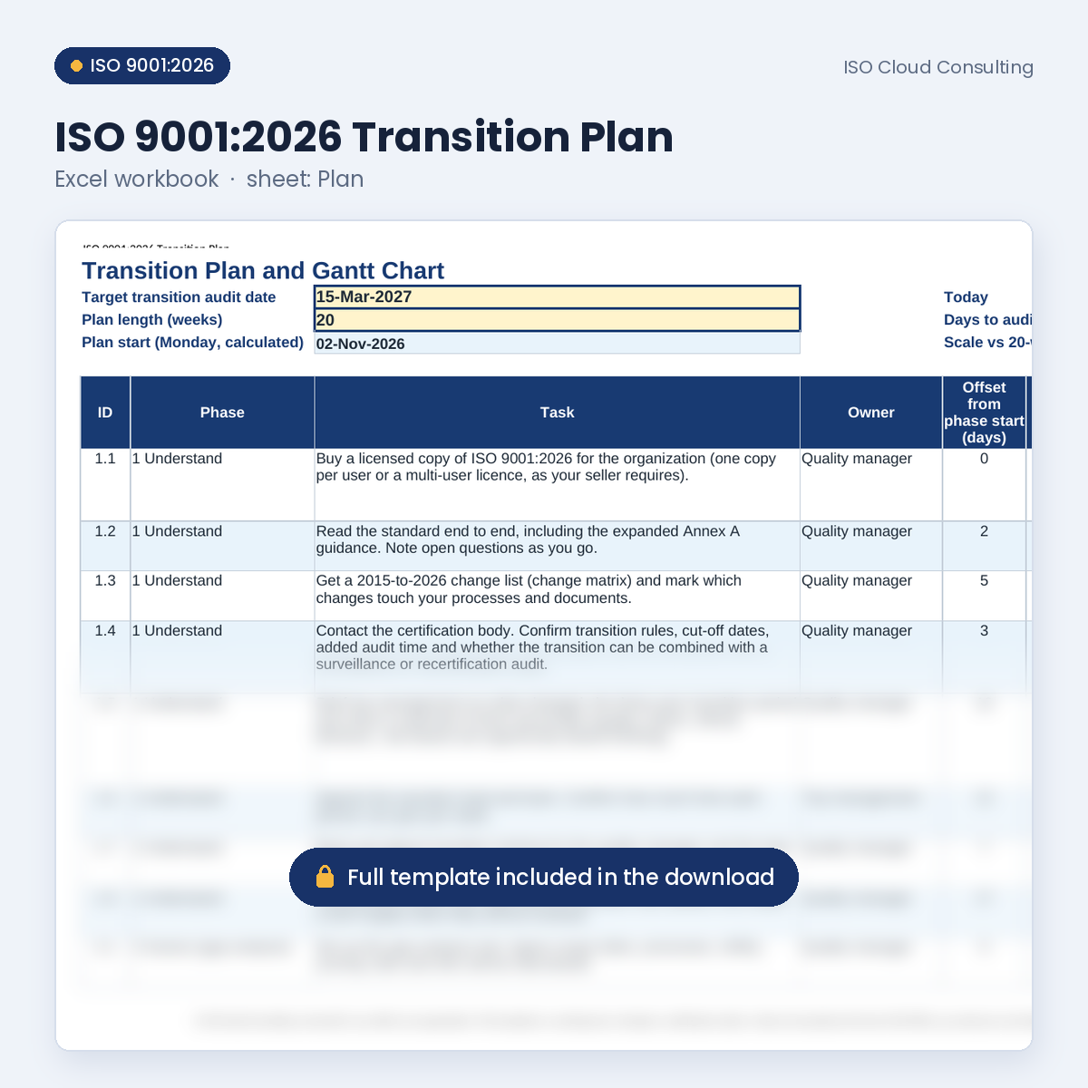 Starter Bundle preview: ISO 9001:2026 Transition Plan Excel workbook, Plan sheet with Gantt (lower part blurred)
