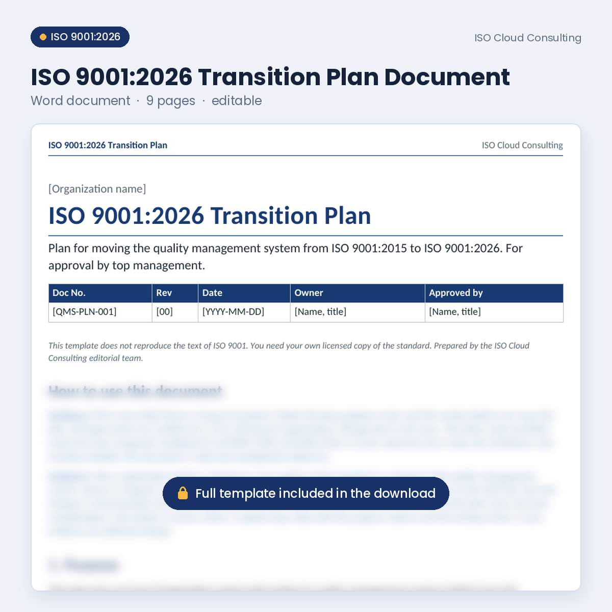 Starter Bundle preview: ISO 9001:2026 Transition Plan Document Word template, page 1 (lower part blurred)