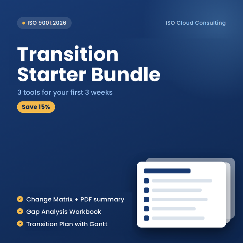 ISO 9001:2026 Transition Starter Bundle cover: Change Matrix, Gap Analysis Workbook and Transition Plan