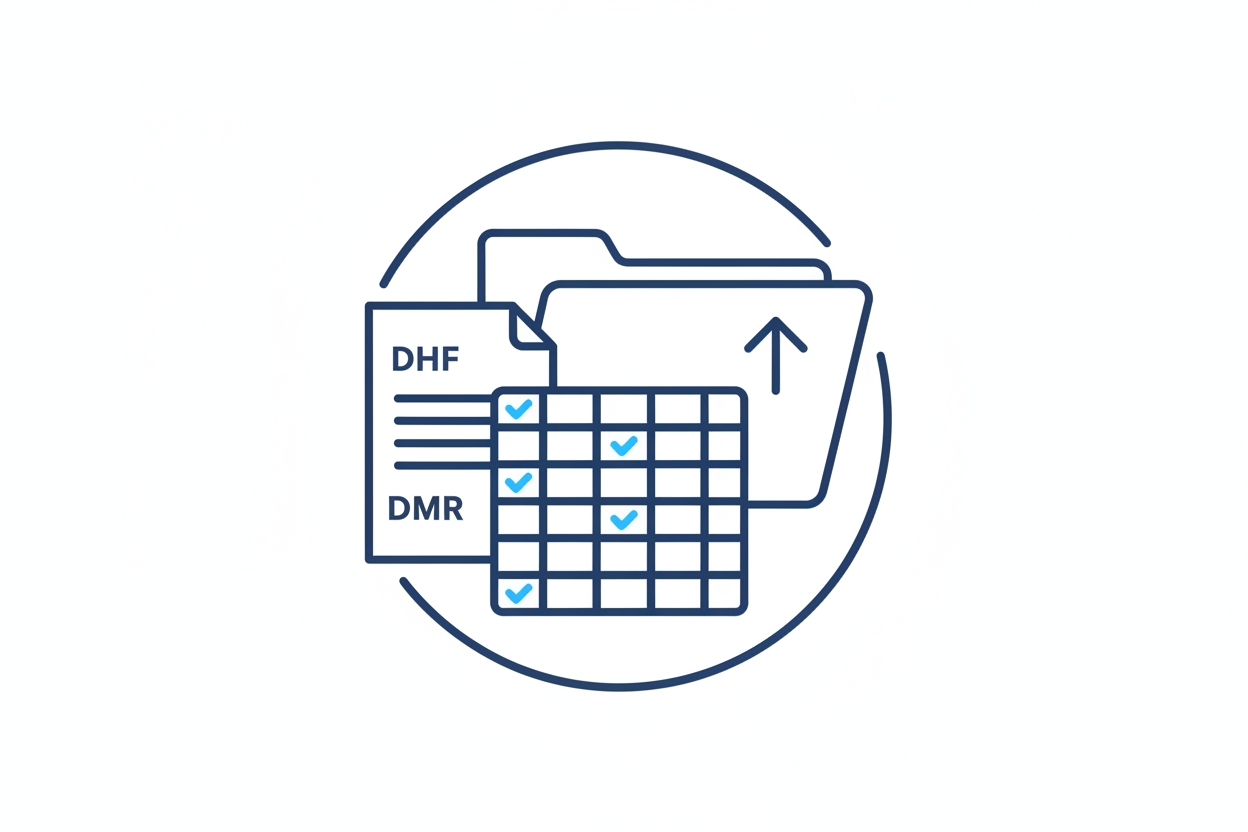 Minimal icon: GSPR matrix grid, DHF/DMR sheets, regulatory folder, blue-white sterile theme.