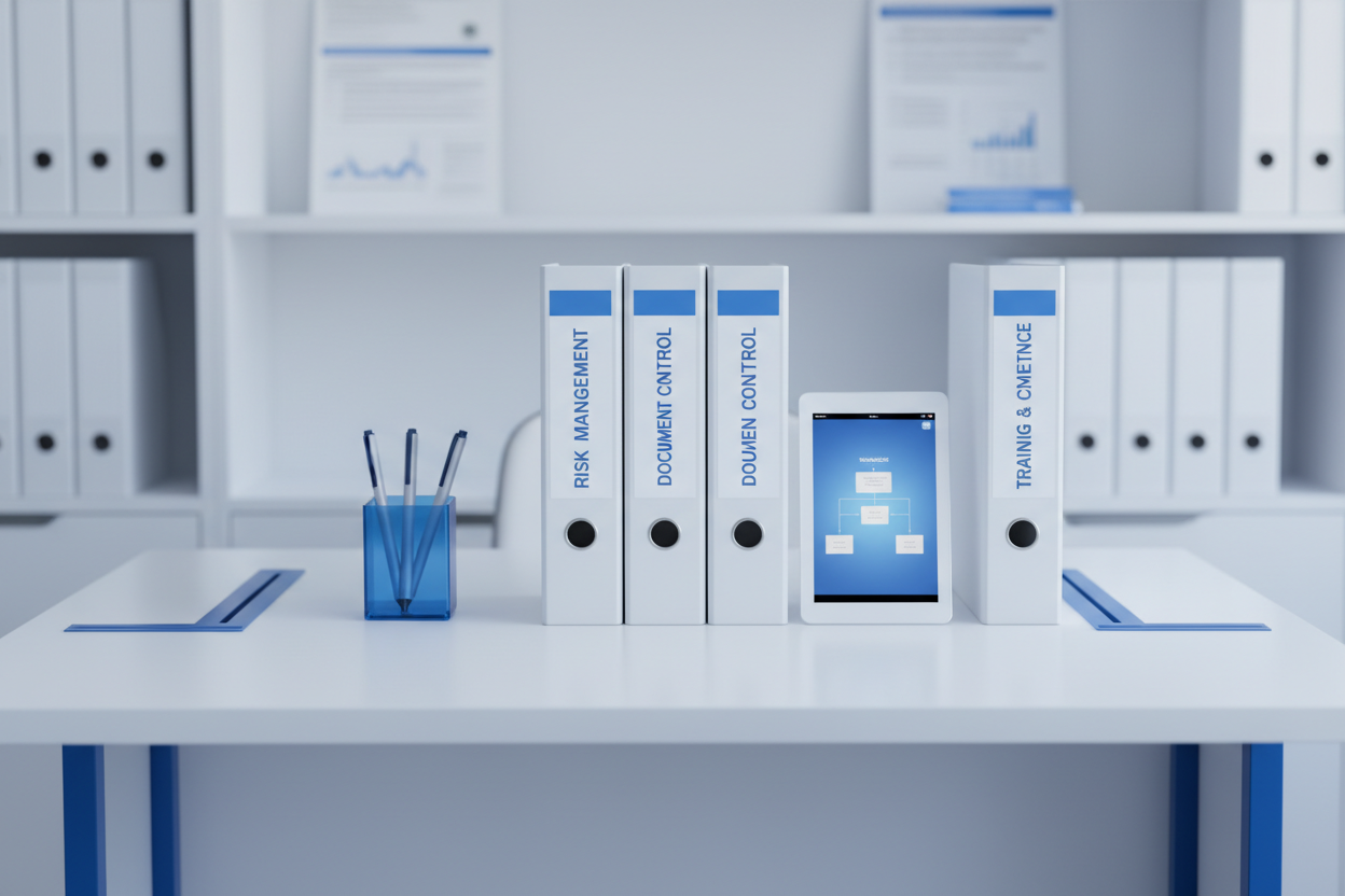 Minimal, sterile white–blue clinical desk. Organized binders labeled Document Control, Risk Management, Training & Competence. Faint regulatory sheets in the background, crisp lighting, no people.