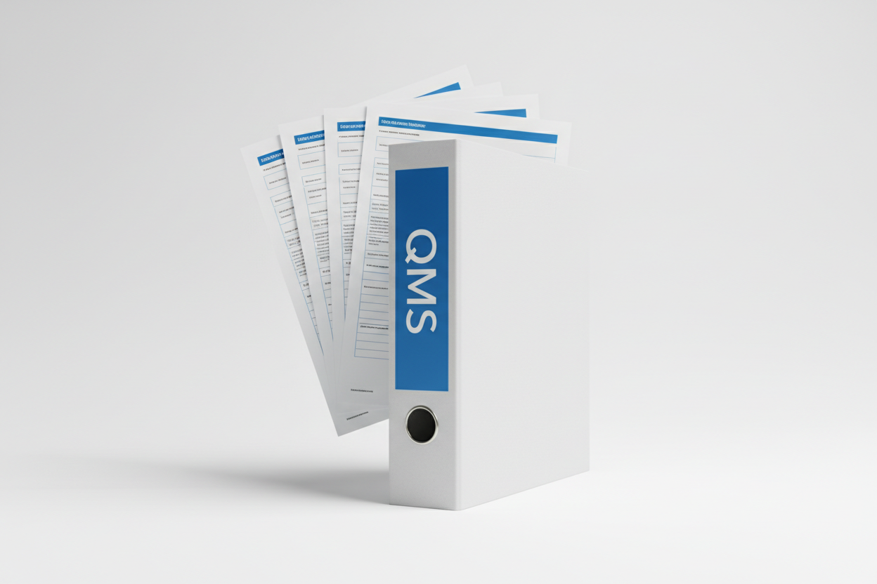Minimal white–blue binder labeled “QMS,” structured document sheets behind it.