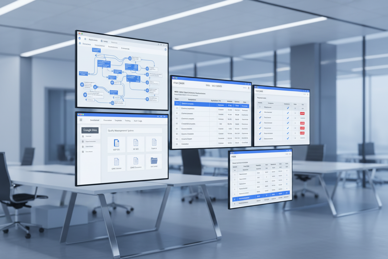Modern multi-screen layout showing a consolidated compliance dashboard: Power Automate workflow diagrams, Google Sites QMS homepage, MDR GSPR table, FDA QMSR vs ISO 13485 gap matrix, and risk management FMEA sheet. Blue-white lighting, minimal UI elements, polished corporate regulatory aesthetic, no human figures.