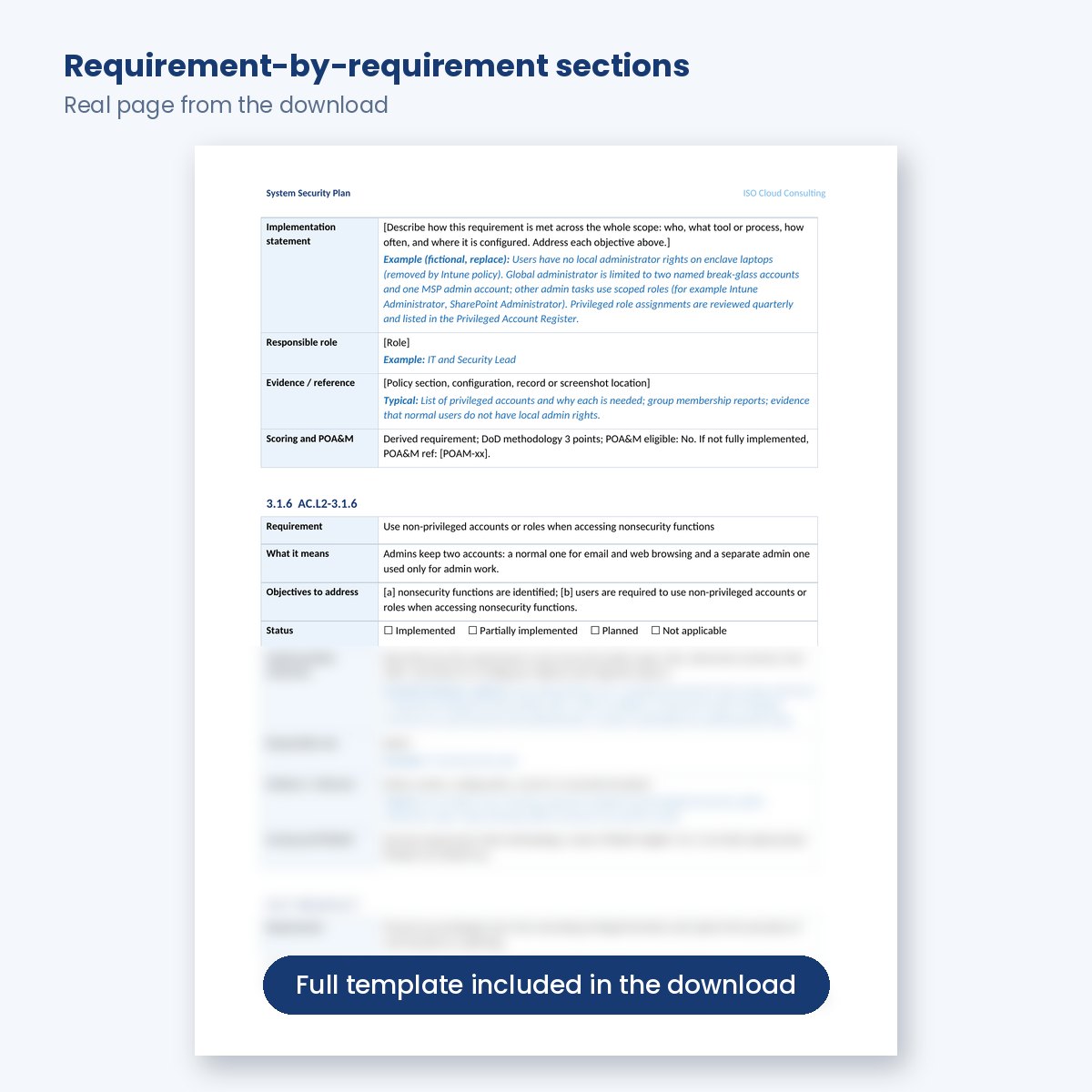 SSP requirement-by-requirement section with verbatim NIST text and example statement