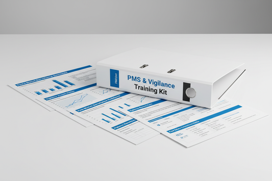 Post-market surveillance dashboards, trend charts, vigilance reporting forms, FSCA/FSN examples softly layered. White binder labeled PMS & Vigilance Training Kit. Ultra-clean medical-device compliance aesthetic in blue-white tones.
