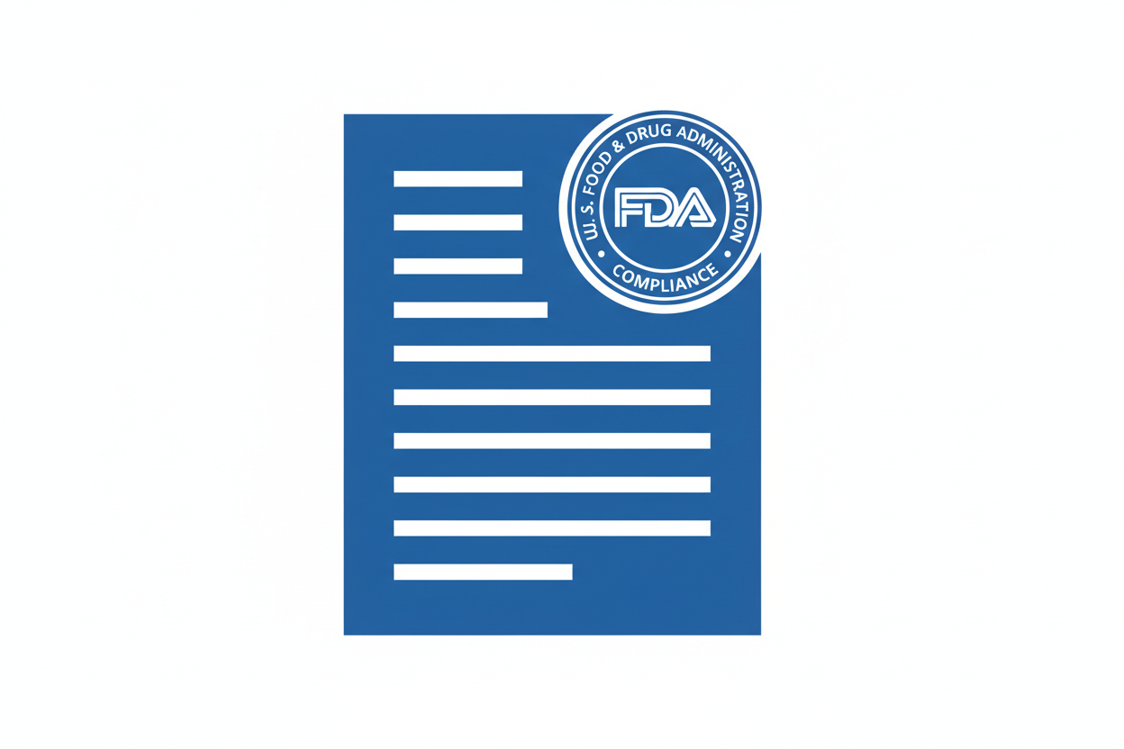 Precise blue-white FDA document icon with structured lines and compliance stamp.