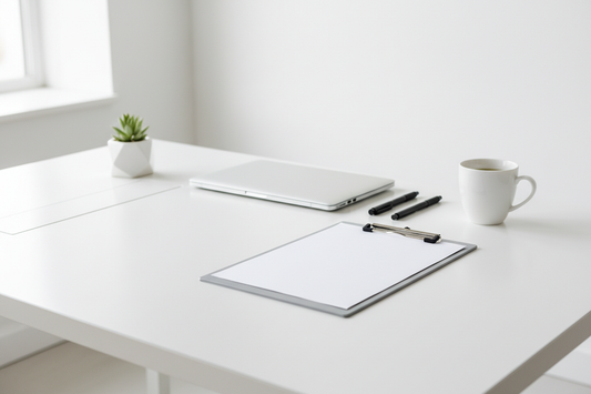 Professional audit desk, clipboard implied without writing, clean white background, no text, no diagrams