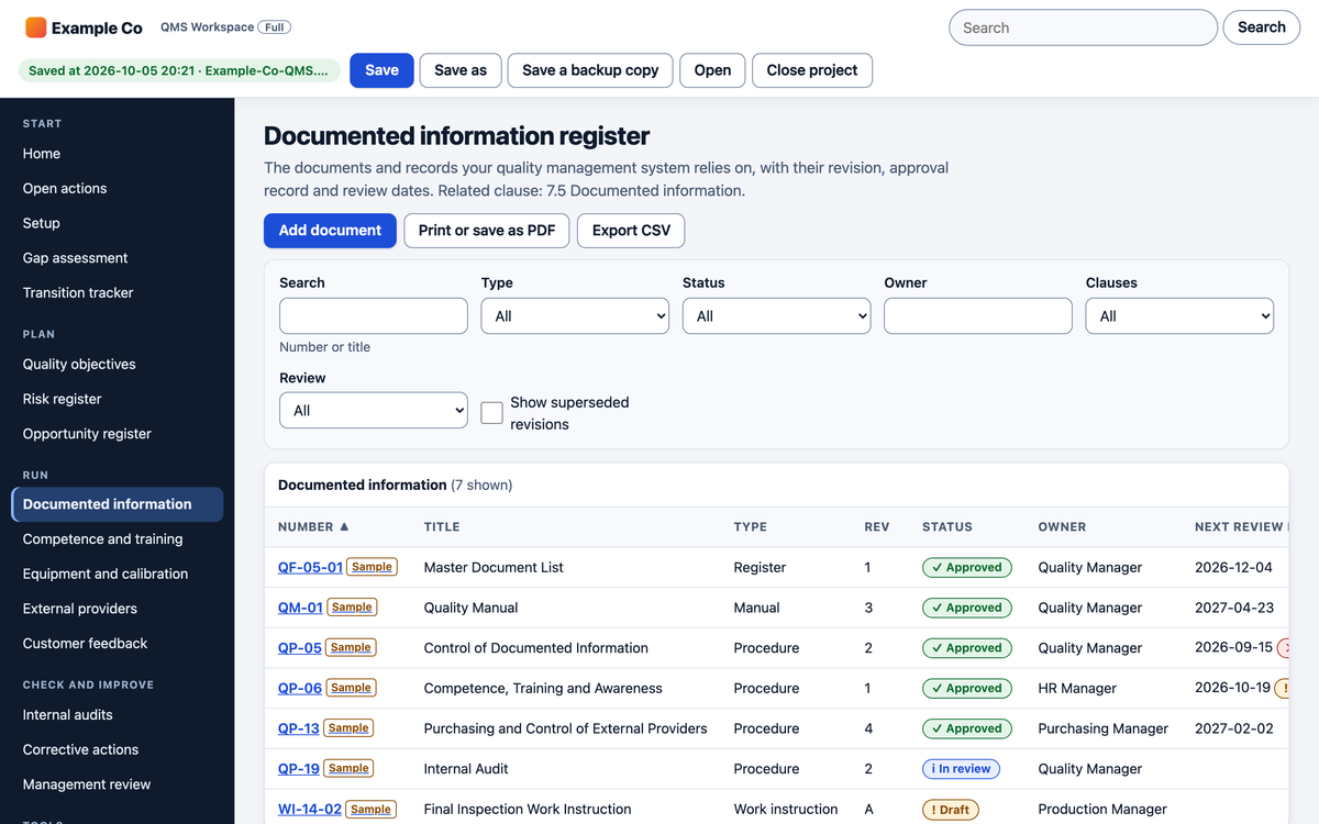 Documented information register with revisions and review dates