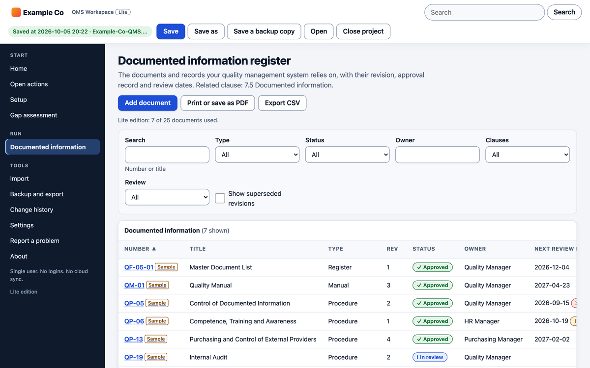 QMS Workspace Lite documented information register