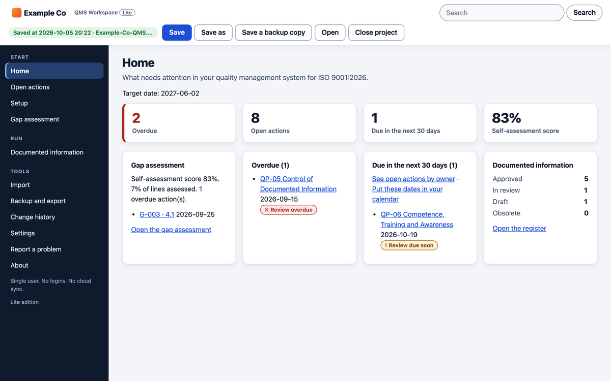 QMS Workspace Lite home with gap assessment score and open actions