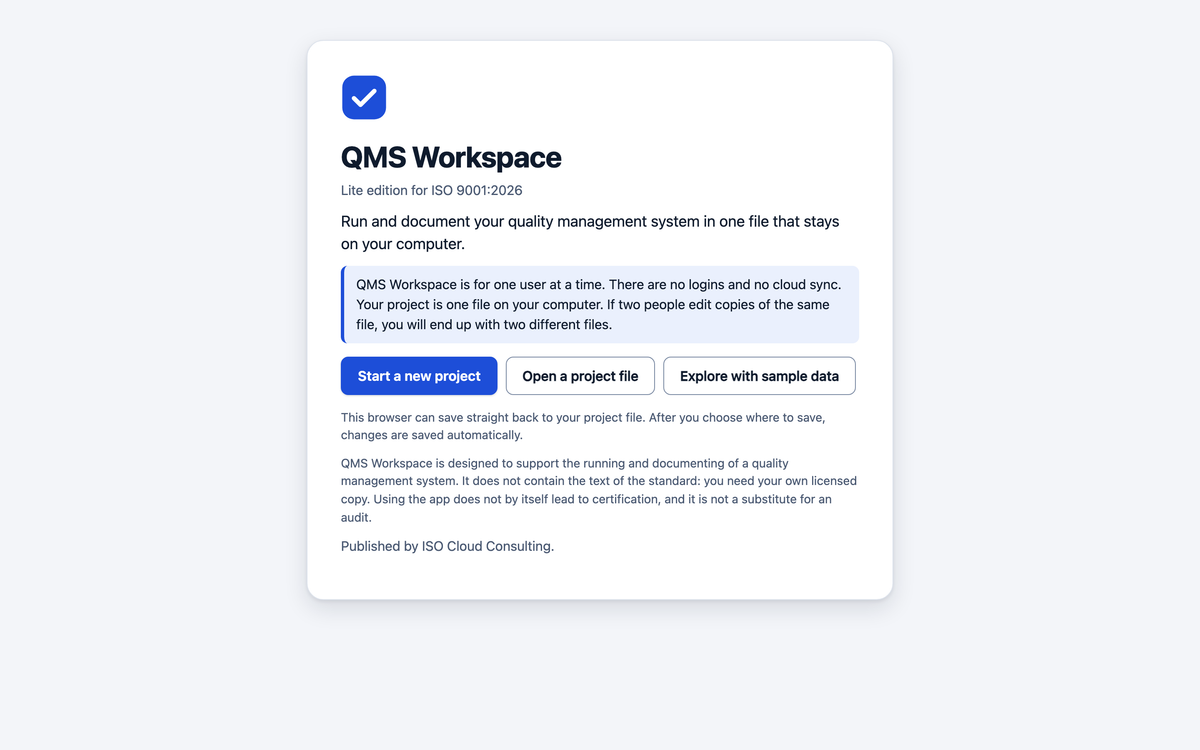QMS Workspace Lite start screen